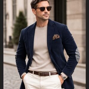 Timeless German McNeal Navy Blazer Sport Coat With Grey Elbow Patches